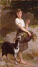 Emile Munier Famous Paintings - Young Girl with Goat & Flowers